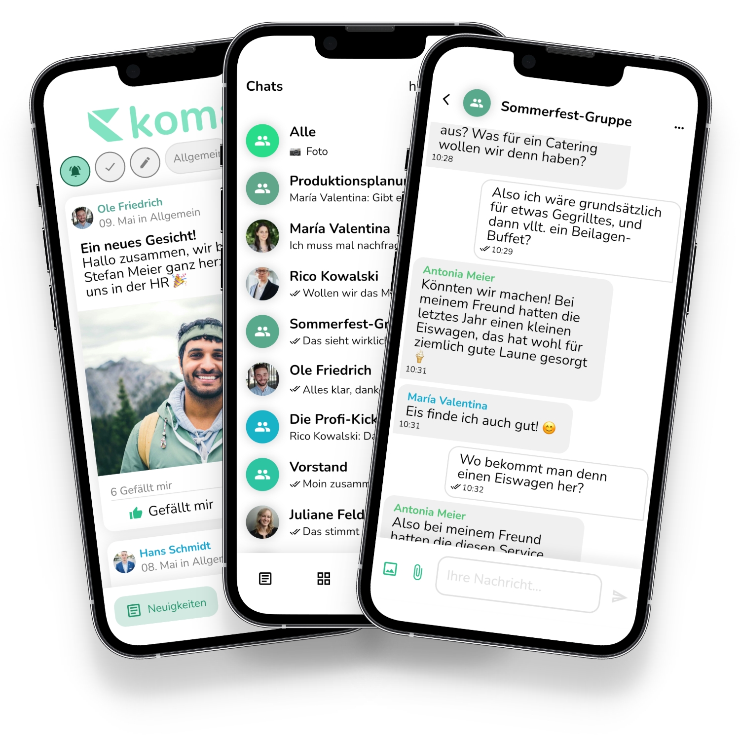 Drei iPhones, die unterschiedliche Screens der komati-App zeigen.